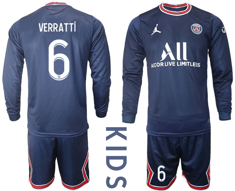 Youth 2021-2022 Club Paris St German home blue Long Sleeve #6 Soccer Jersey->youth soccer jersey->Youth Jersey